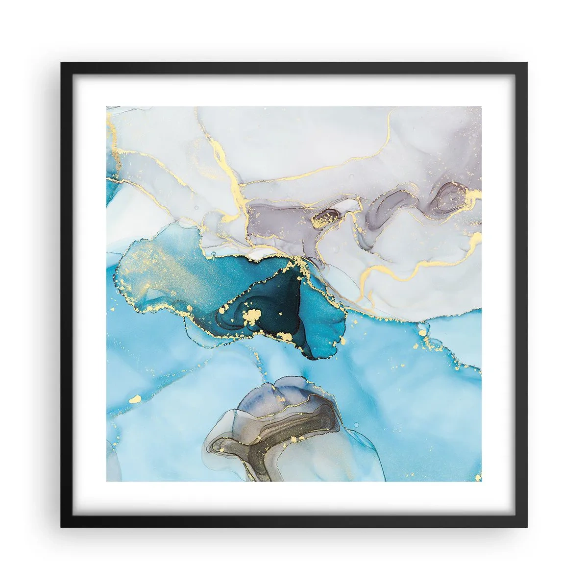 Affiche dans un cadre noir - Poster - Etude de la rencontre gris et turquoise - 50x50 cm