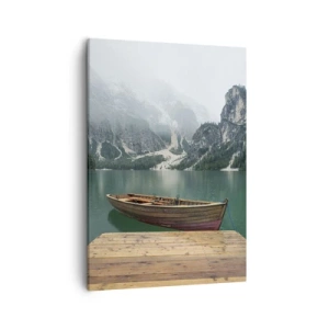 Impression sur toile - Image sur toile - Un bateau en bois sur un quai sur un lac entouré de montagnes - 50x70cm - Faire face à la fierté des rochers - Décoration murale moderne pour le salon et la chambre ARTTOR