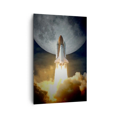 Impression sur toile - Image sur toile - Une fusée décollant sur fond de pleine lune entourée de nuages dynamiques. - 80x120cm - Le début d'une aventure surnaturelle - Décoration murale moderne pour le salon et la chambre ARTTOR
