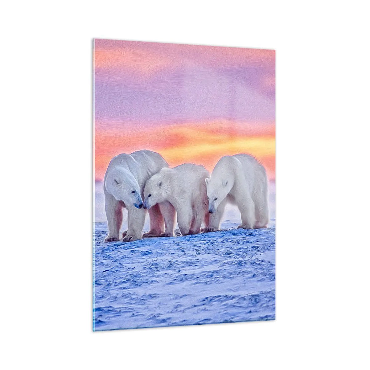 Impression sur verre - Image sur verre - Trois ours polaires sur un fond enneigé au coucher du soleil - 50x70cm - La chaleur familiale suffit - Décoration murale moderne pour le salon et la chambre ARTTOR