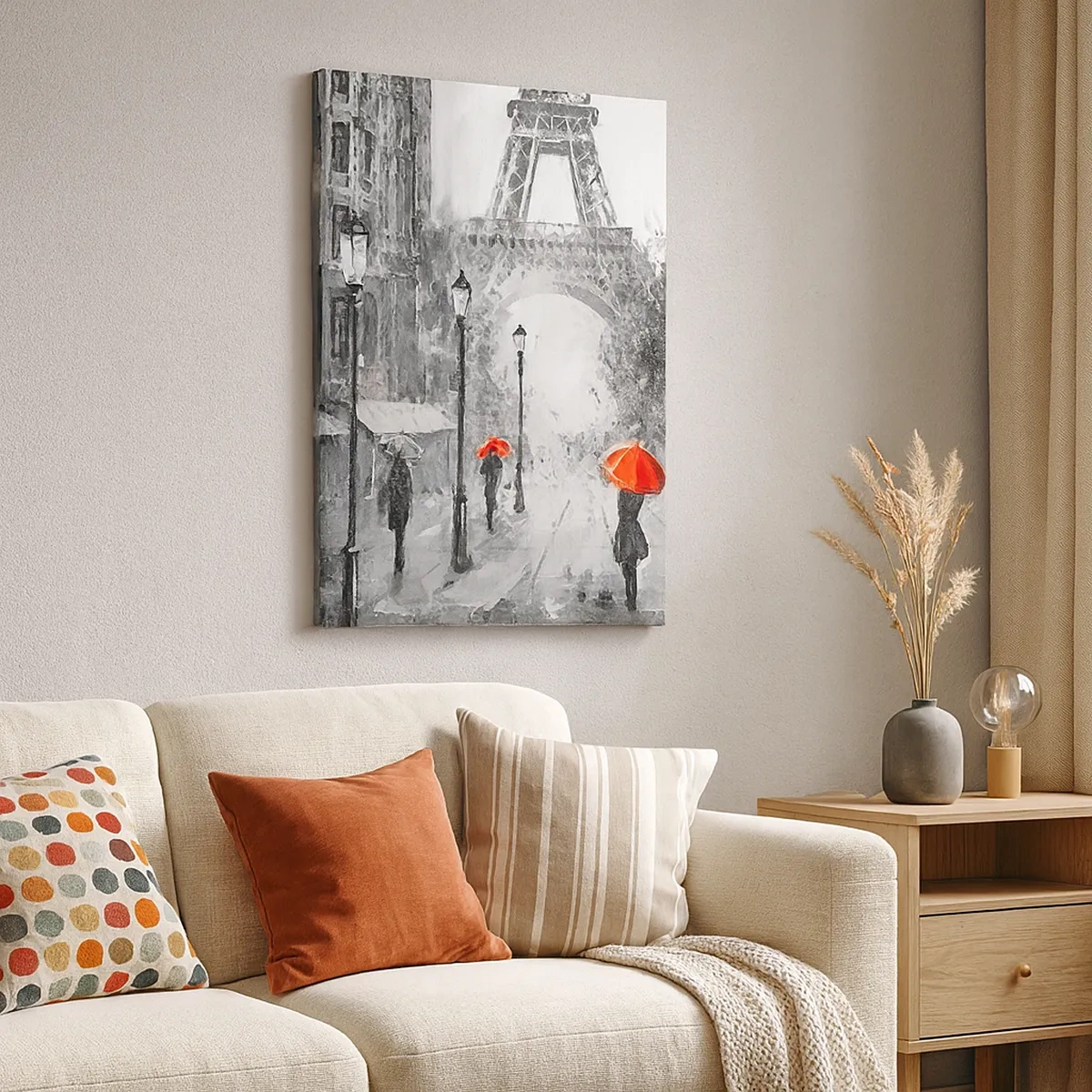 Impression sur toile - Image sur toile - Une rue avec vue sur la Tour Eiffel et des parapluies rouges - 50x70cm - Tous les chemins mènent à elle - Décoration murale moderne pour le salon et la chambre ARTTOR