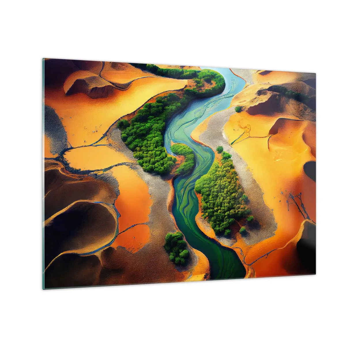 Impression sur verre - Image sur verre - Des oasis vertes et une rivière parmi des dunes oranges - 70x50cm - Rivière vivifiante - Décoration murale moderne pour le salon et la chambre ARTTOR