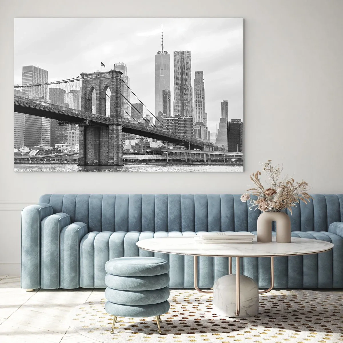 Impression sur verre - Image sur verre - Photographie en noir et blanc d'un pont et d'un paysage urbain - 70x50cm - Climat New-Yorkais - Décoration murale moderne pour le salon et la chambre ARTTOR