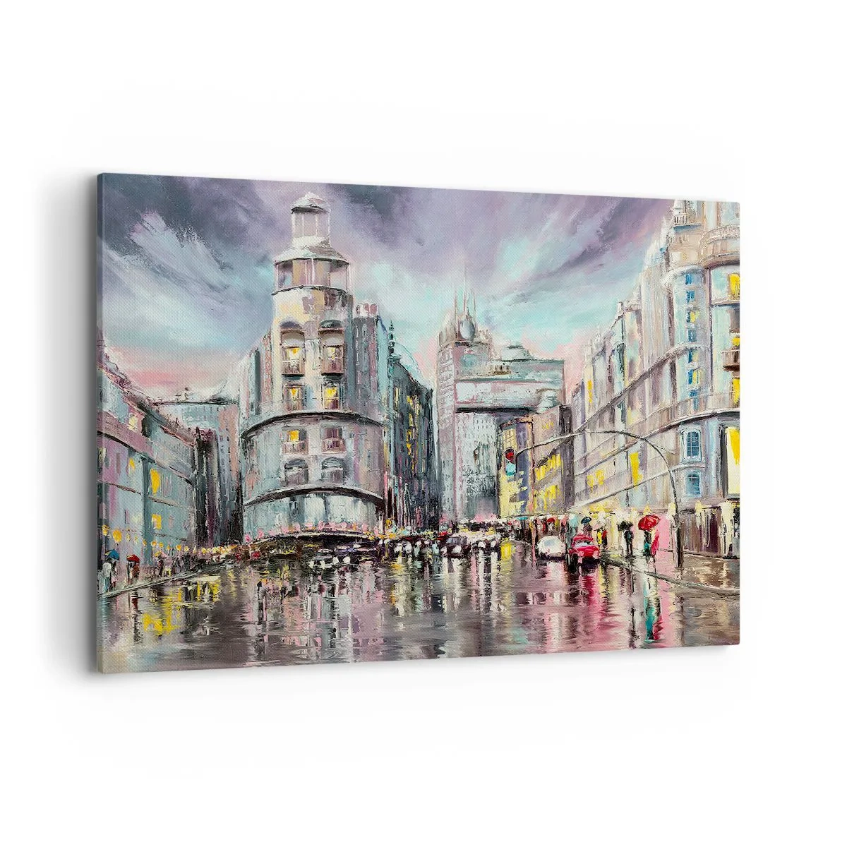 Impression sur toile - Image sur toile - Vue nocturne de la ville avec des reflets sur la rue mouillée - 100x70cm - Ce sera une soirée réussie - Décoration murale moderne pour le salon et la chambre ARTTOR