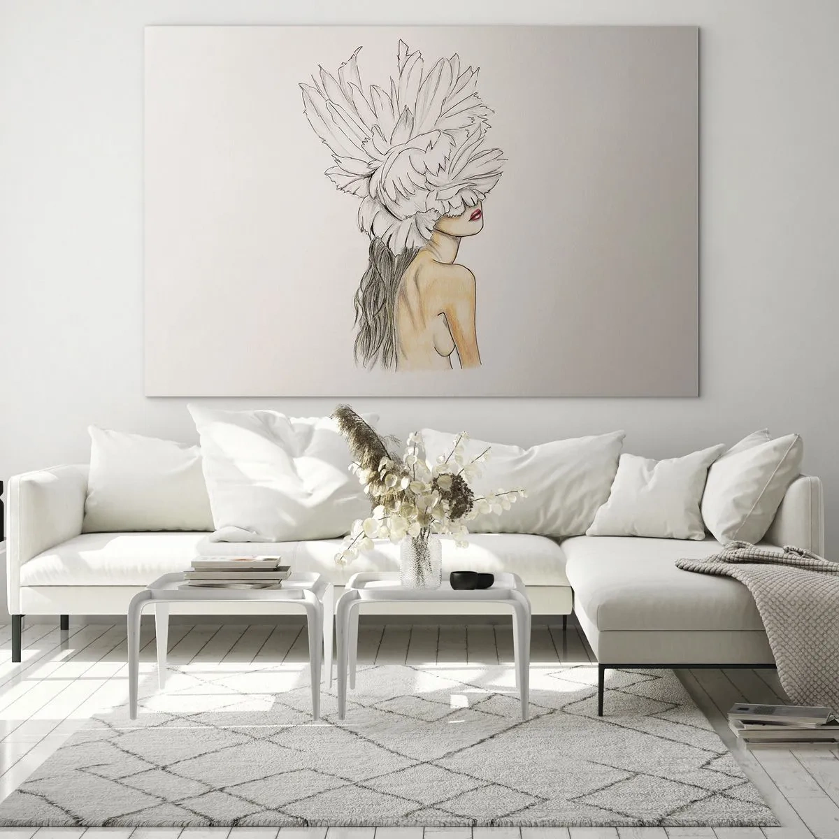 Impression sur verre - Image sur verre - Un dessin d'une femme aux cheveux longs et à la couronne de grandes plumes - 70x50cm - Beauté couronnée - Décoration murale moderne pour le salon et la chambre ARTTOR