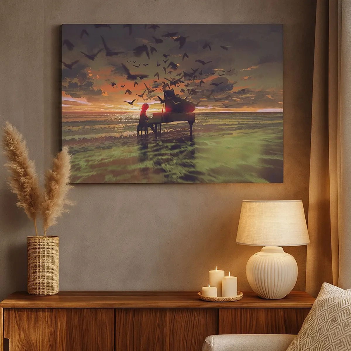 Impression sur toile - Image sur toile - Un piano au bord de la mer au coucher du soleil avec des oiseaux - 70x50cm - Concert pour piano et vagues - Décoration murale moderne pour le salon et la chambre ARTTOR