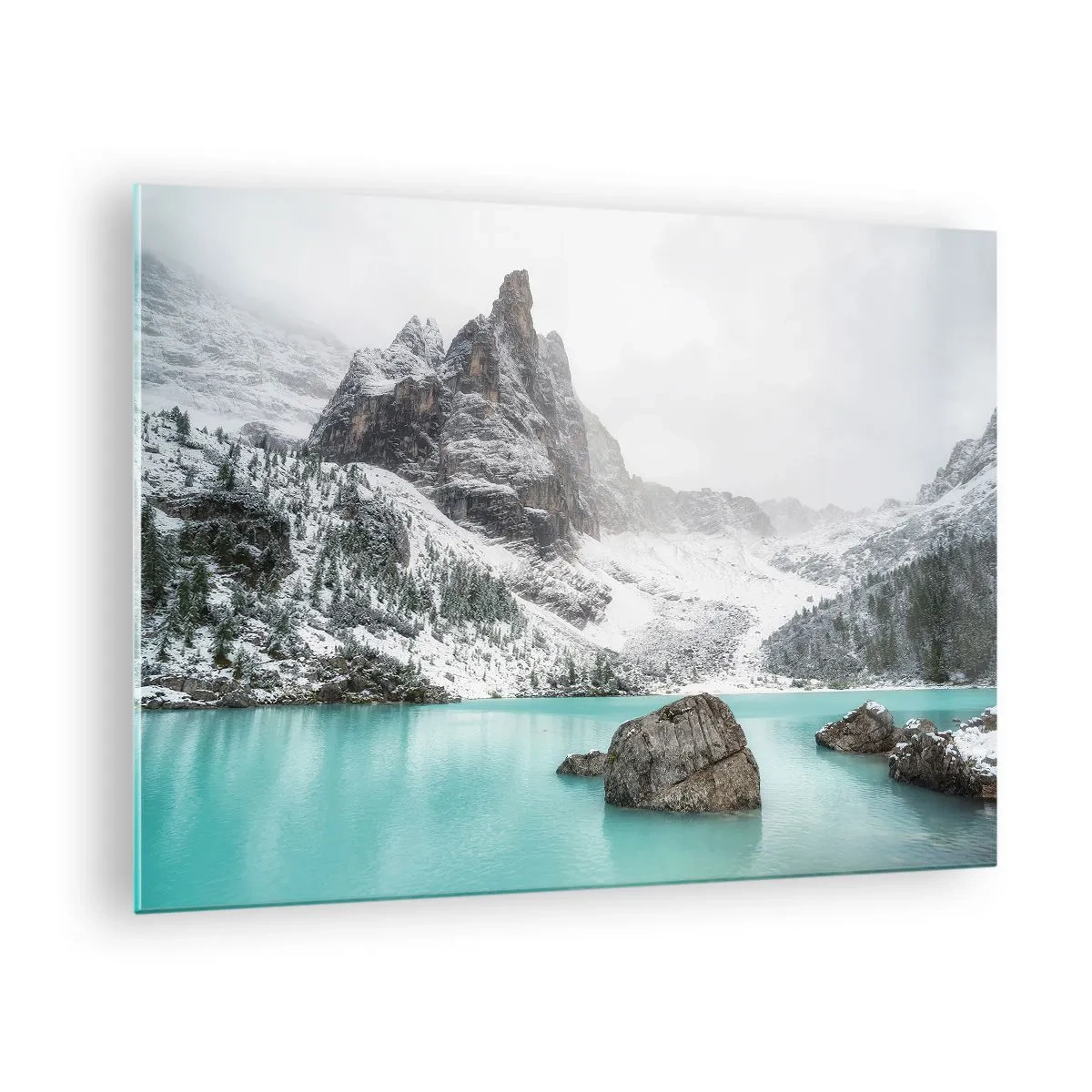 Impression sur verre - Image sur verre - Paysage d'hiver avec un lac turquoise - 70x50cm - Sur ses gardes - Décoration murale moderne pour le salon et la chambre ARTTOR