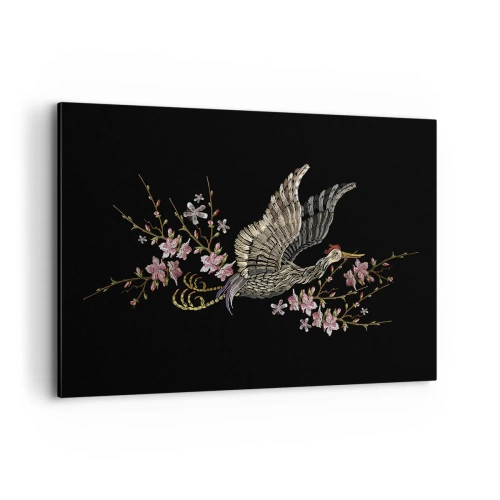 Impression sur toile - Image sur toile - Un oiseau en vol avec des fleurs sur fond noir - 100x70cm - Oiseau brodé exotique - Décoration murale moderne pour le salon et la chambre ARTTOR
