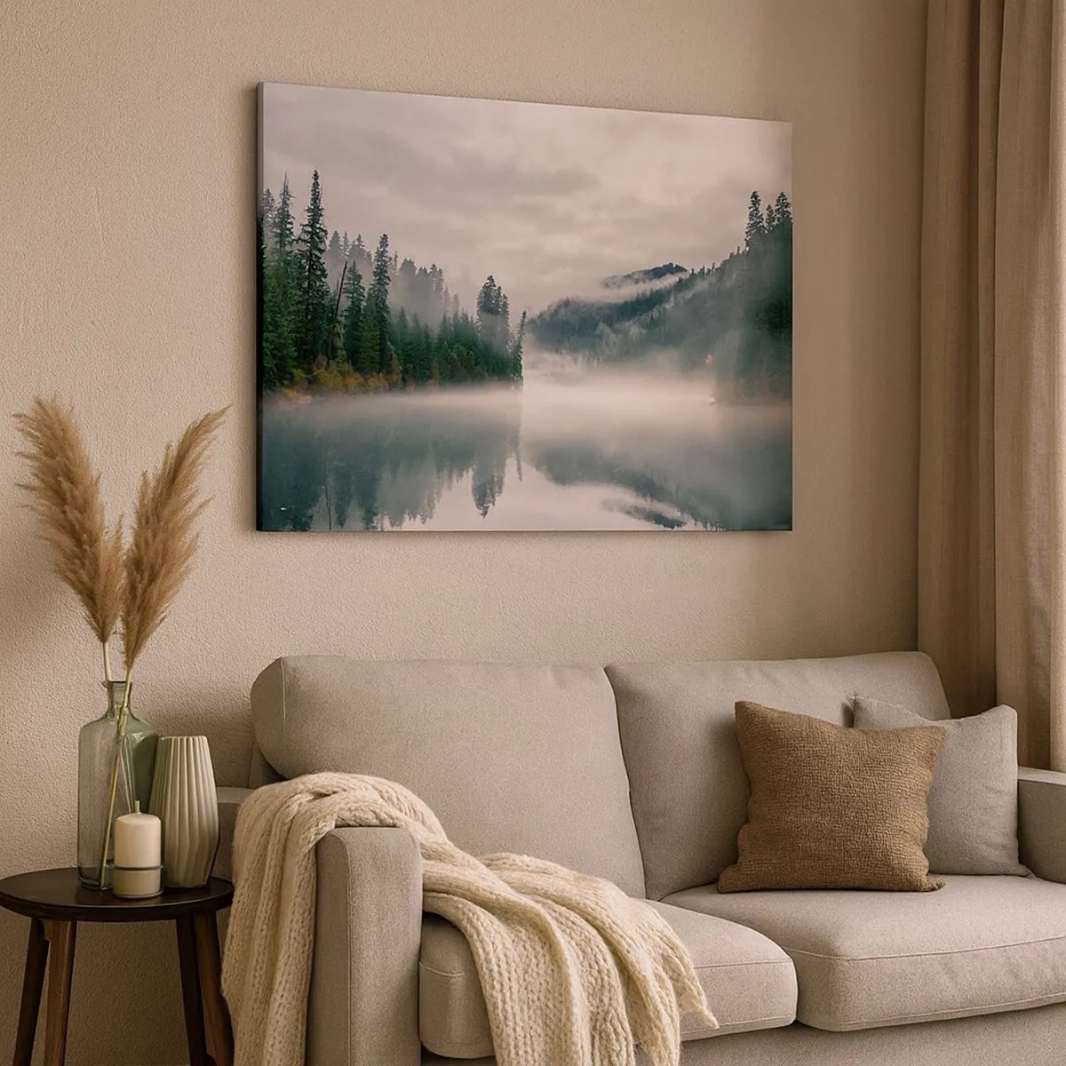 Impression sur toile - Image sur toile - Une forêt brumeuse se reflétant dans un lac calme - 70x50cm - Reflet dans le brouillard - Décoration murale moderne pour le salon et la chambre ARTTOR