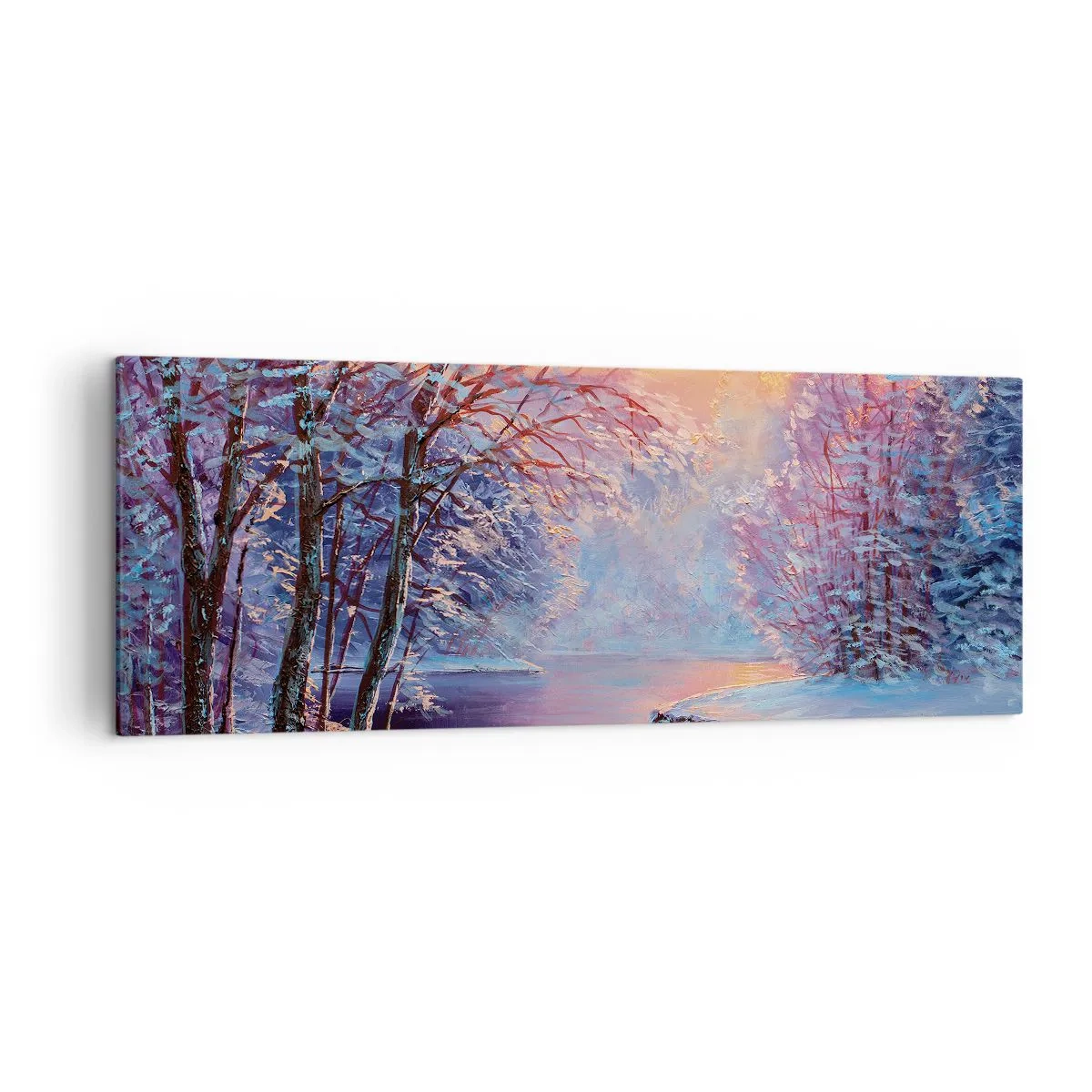Impression sur toile - Image sur toile - Paysage d'hiver avec rivière et arbres au lever du soleil - 140x50cm - Couleurs d'hiver - Décoration murale moderne pour le salon et la chambre ARTTOR
