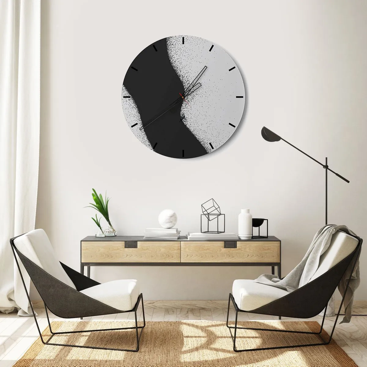 Horloge murale - Pendule murale - Abstraction en noir et blanc avec une transition douce et un effet granuleux - 30x30cm - Équilibre fluide - Décoration murale moderne pour le salon, la cuisine et la chambre ARTTOR