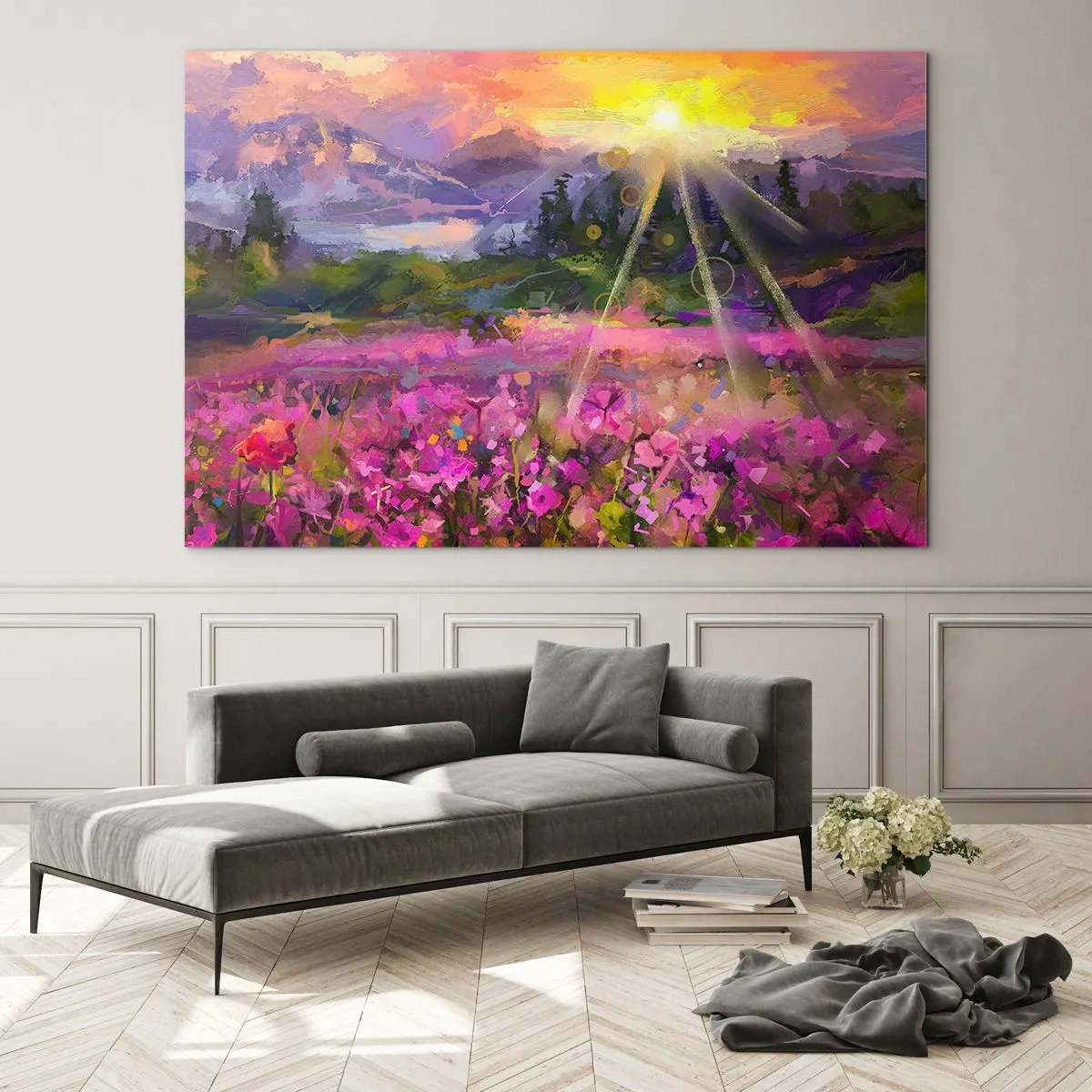 Impression sur verre - Image sur verre - Une vallée pittoresque pleine de fleurs illuminées par les rayons du soleil - 70x50cm - Dans la vallée à l'abri du soleil - Décoration murale moderne pour le salon et la chambre ARTTOR