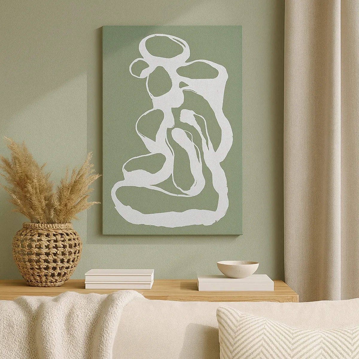 Impression sur toile - Image sur toile - Formes organiques en blanc sur fond vert - 50x70cm - L'appel de l'espace - Décoration murale moderne pour le salon et la chambre ARTTOR