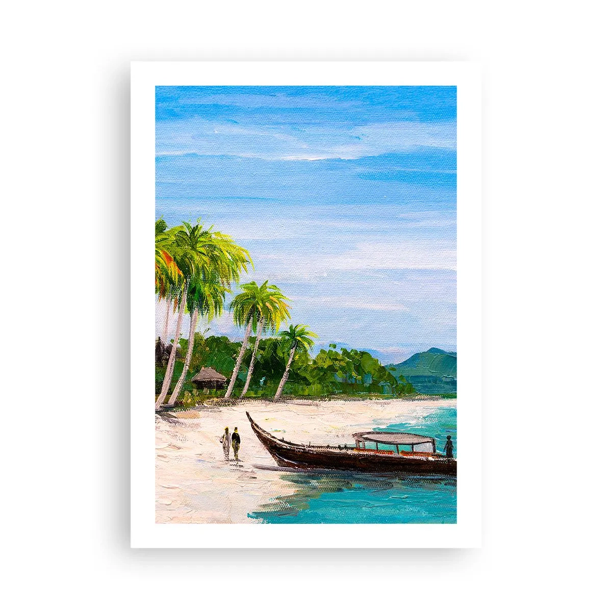 Affiche - Poster - Plage tropicale avec palmiers et un bateau sur le rivage - 50x70cm - Rêve exotique - Décoration murale moderne pour le salon et la chambre ARTTOR