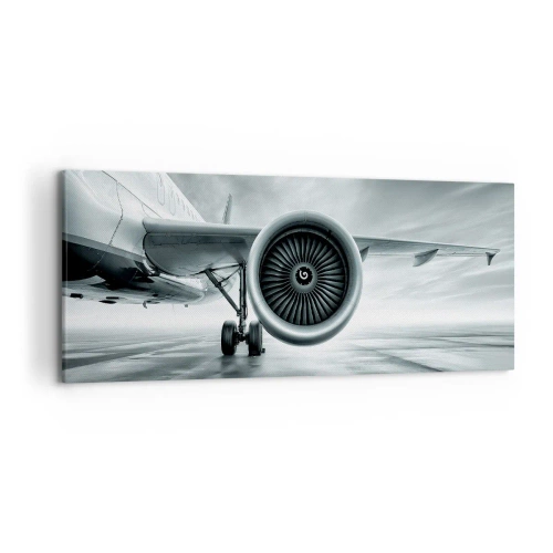 Impression sur toile - Image sur toile - Le réacteur d'un avion sur le tarmac - 120x50cm - Sent la force! - Décoration murale moderne pour le salon et la chambre ARTTOR