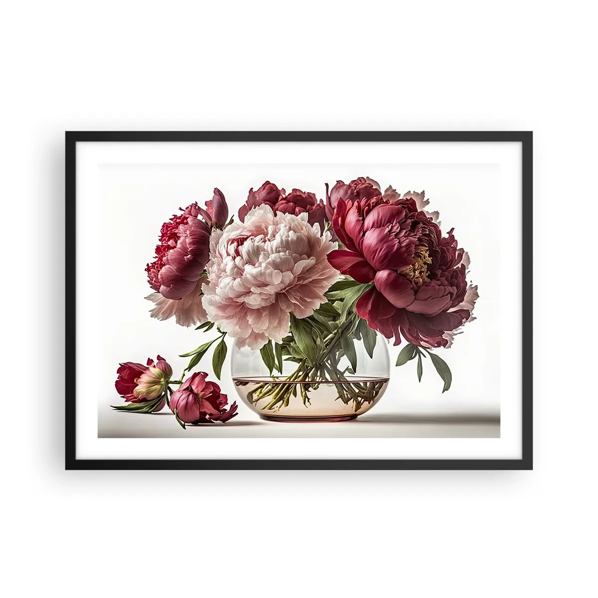 Affiche dans un cadre noir - Poster - Un bouquet de pivoines dans les tons de rose et de rouge - 70x50cm - En pleine floraison de beauté - Décoration murale moderne pour le salon et la chambre ARTTOR