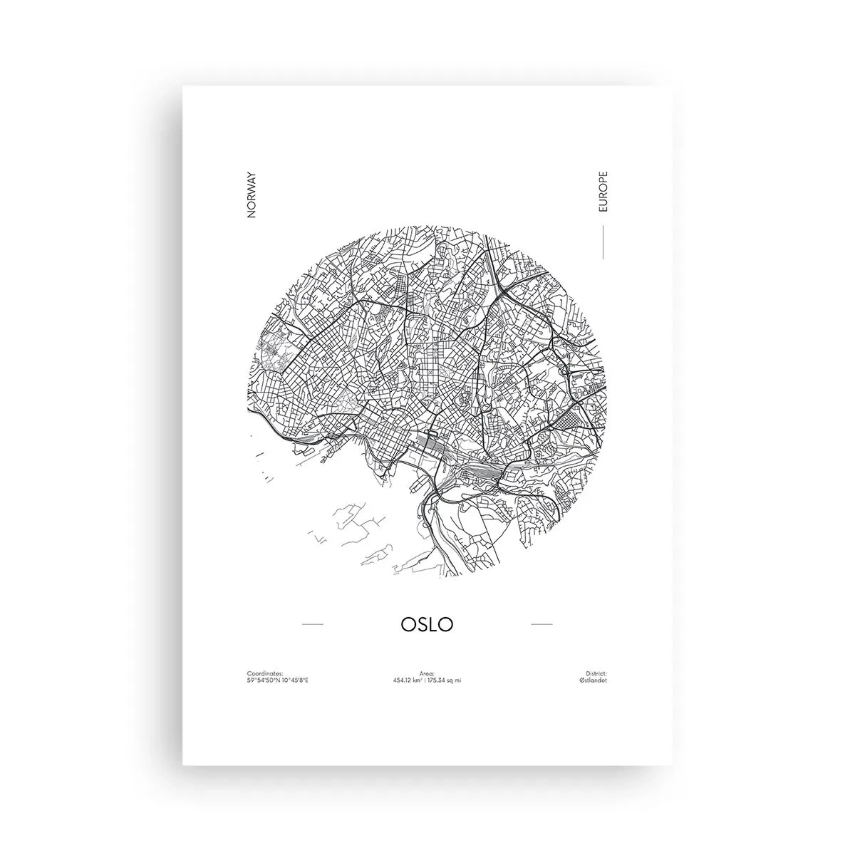 Affiche - Poster - Une carte minimaliste en noir et blanc d'Oslo - 50x70cm - Anatomie d’Oslo - Décoration murale moderne pour le salon et la chambre ARTTOR
