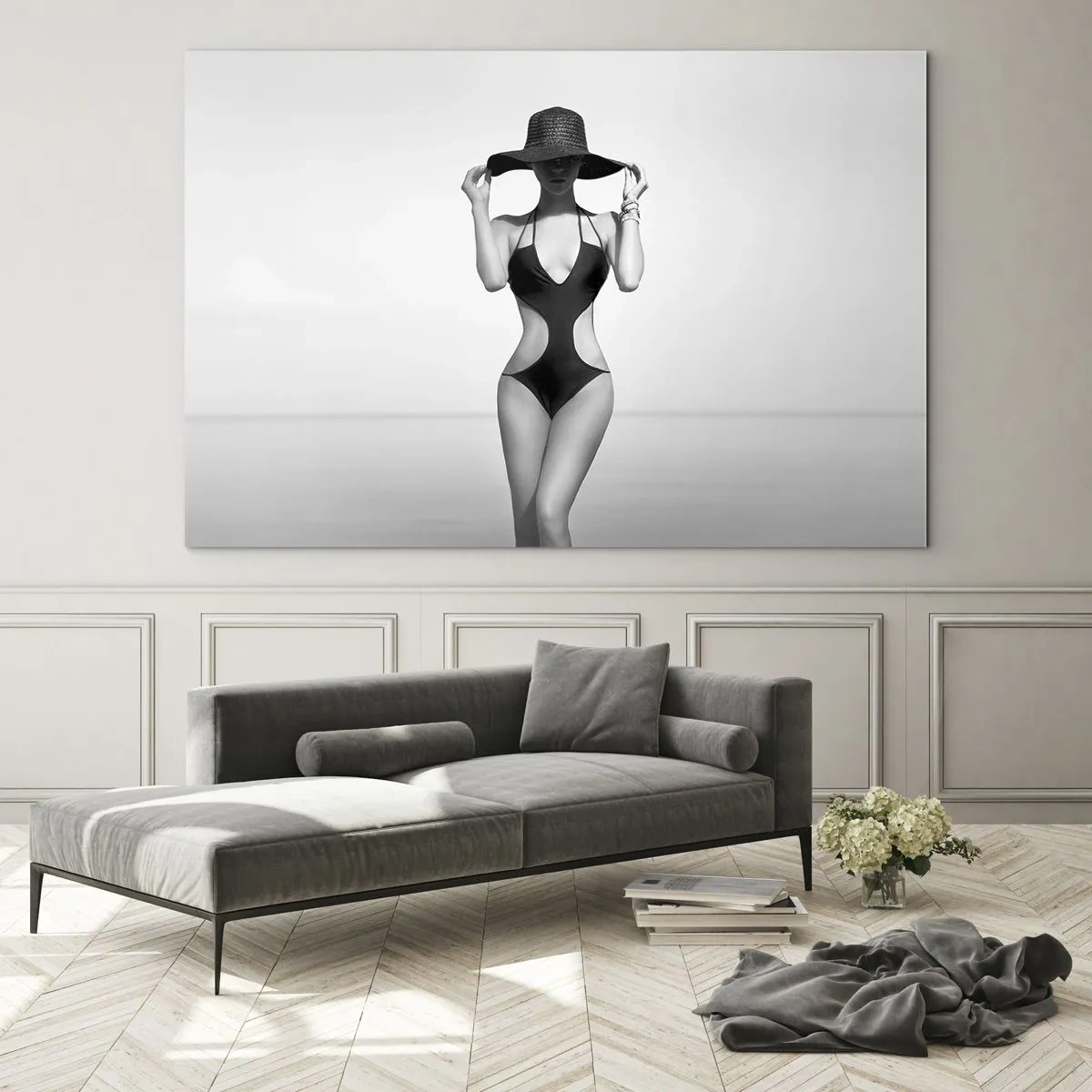 Impression sur verre - Image sur verre - Une femme en maillot de bain noir et chapeau contre la mer - 70x50cm - Mon prénom? Élégance - Décoration murale moderne pour le salon et la chambre ARTTOR