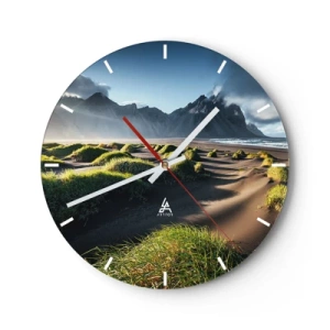 Horloge murale - Pendule murale - Vue de la plage montagneuse avec des dunes vertes illuminées par la lumière - 30x30cm - Harmonie des éléments - Décoration murale moderne pour le salon, la cuisine et la chambre ARTTOR