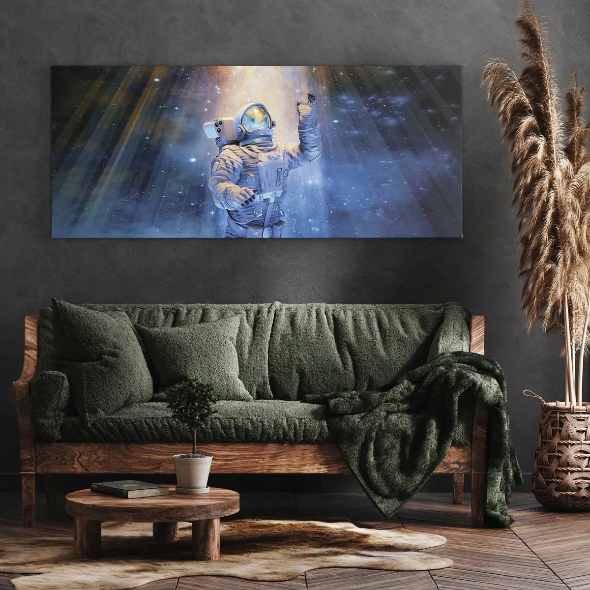 Impression sur toile - Image sur toile - Un astronaute à la lumière d'une explosion cosmique pleine d'étoiles - 160x50cm - Enfin arrivé - Décoration murale moderne pour le salon et la chambre ARTTOR