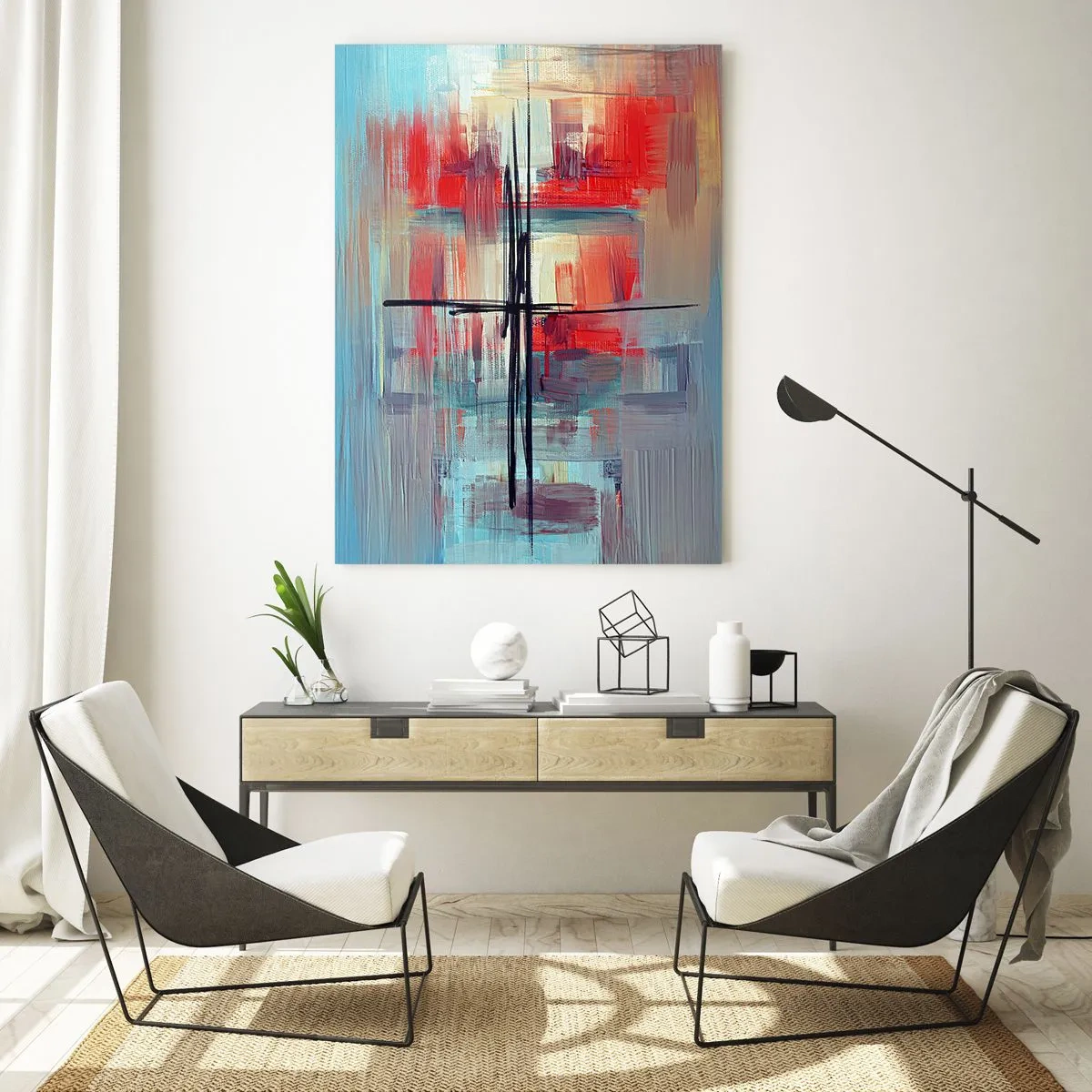 Impression sur verre - Image sur verre - Une abstraction colorée avec du rouge et du bleu, inspirée d'un paysage. - 50x70cm - Un paysage dans une dimension inconnue - Décoration murale moderne pour le salon et la chambre ARTTOR