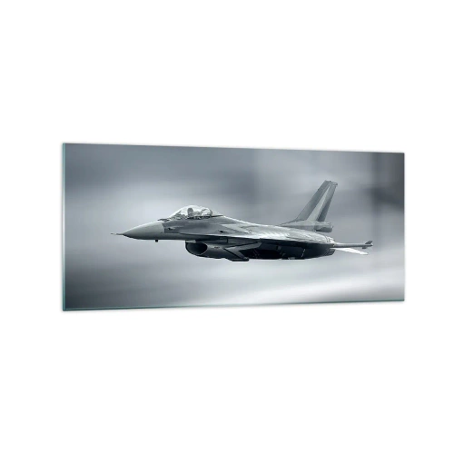 Impression sur verre - Image sur verre - Un avion de chasse en vol contre un ciel nuageux - 120x50cm - Acceptez-vous le défi? - Décoration murale moderne pour le salon et la chambre ARTTOR