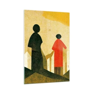 Impression sur verre - Image sur verre - Silhouettes géométriques en rouge et vert sur fond jaune - 70x100cm - La route est encore longue - Décoration murale moderne pour le salon et la chambre ARTTOR