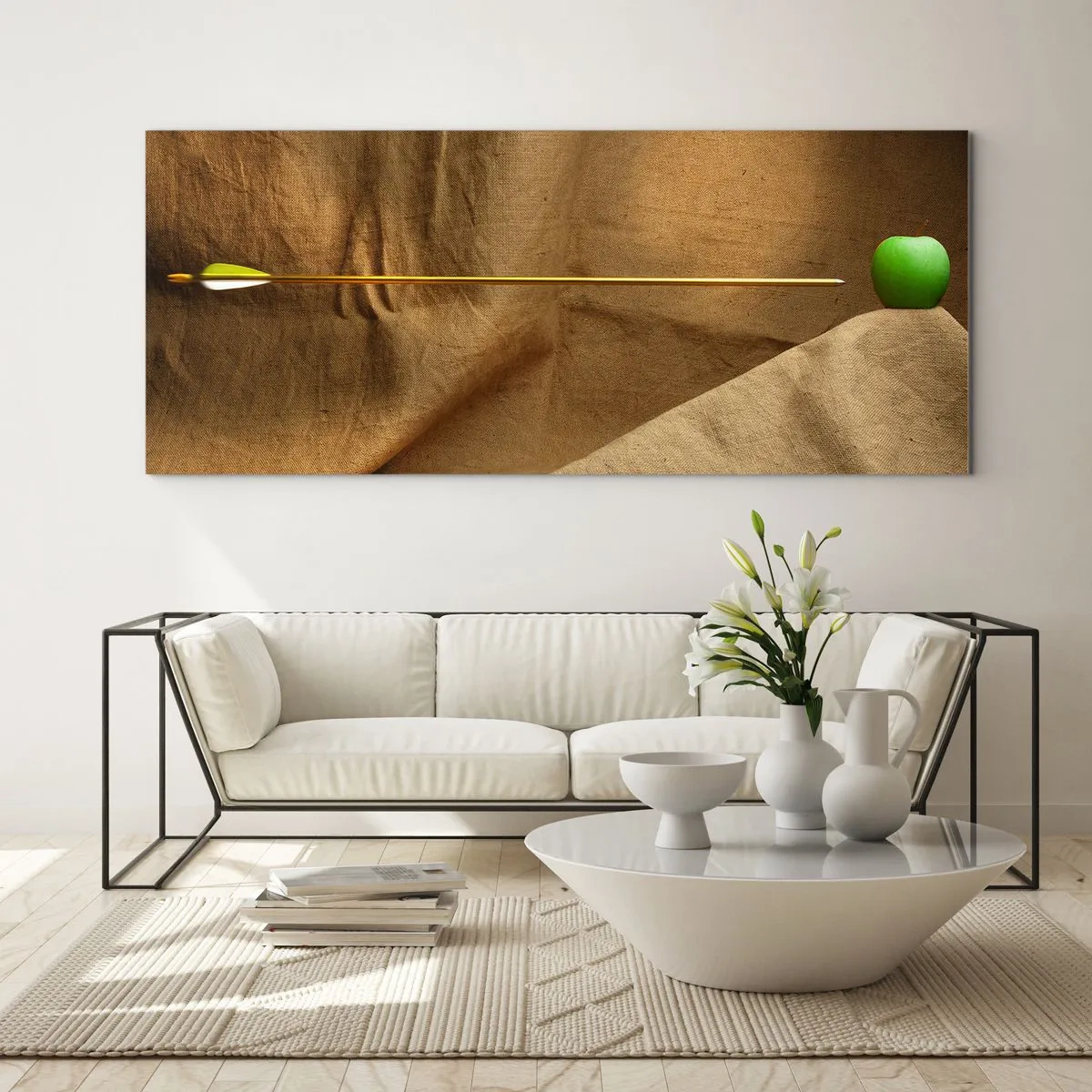 Impression sur verre - Image sur verre - Pomme verte sur tissu avec une flèche créant une composition - 160x50cm - Invoquer l'esprit de Guillaume Tell - Décoration murale moderne pour le salon et la chambre ARTTOR