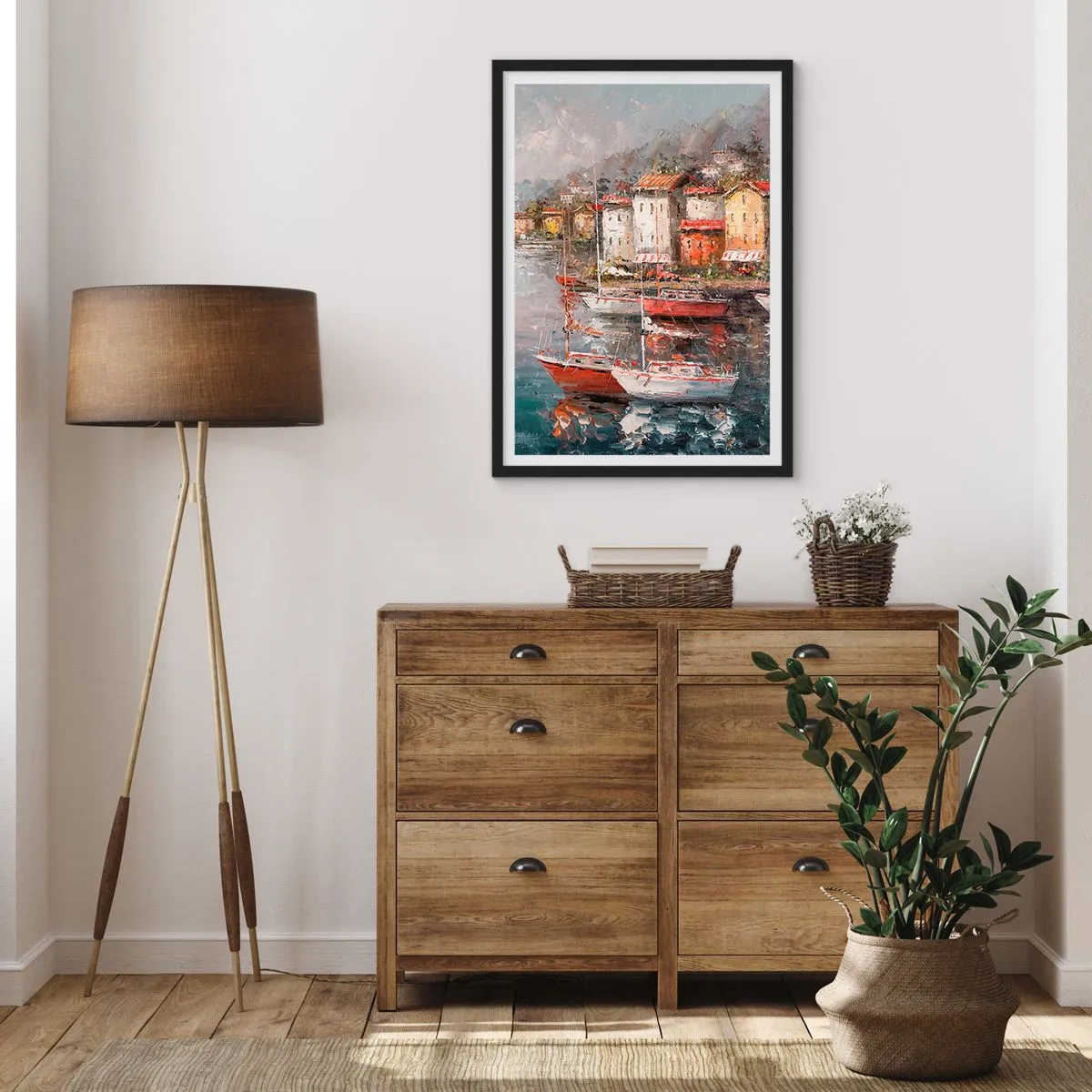 Affiche dans un cadre noir - Poster - Un port pittoresque avec des voiliers de style impressionniste - 50x70cm - Havre romantique - Décoration murale moderne pour le salon et la chambre ARTTOR