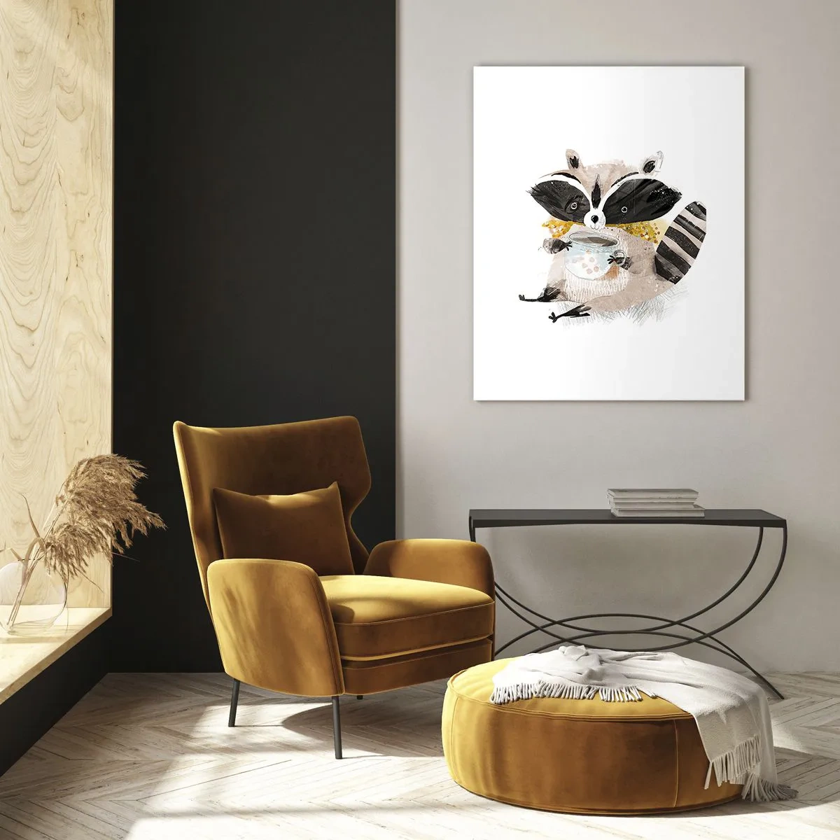 Impression sur verre - Image sur verre - Un raton laveur mignon tenant une tasse de boisson - 50x70cm - Mon ami le raton laveur - Décoration murale moderne pour le salon et la chambre ARTTOR