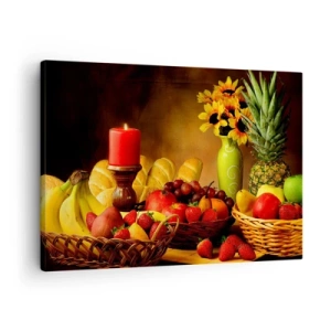 Impression sur toile - Image sur toile - Nature morte avec fruits, pain, bougie et fleurs - 70x50cm - Nature morte de pain et de fruits - Décoration murale moderne pour le salon et la chambre ARTTOR