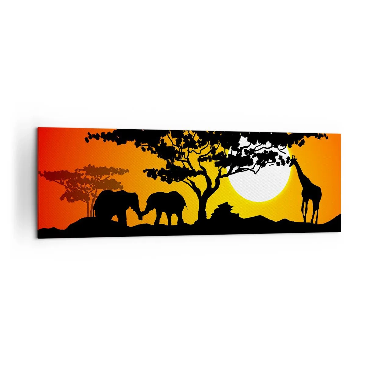 Impression sur toile - Image sur toile - Coucher de soleil africain avec des silhouettes d'éléphants et de girafes au-dessus de l'eau - 160x50cm - Rencontre dans la savane - Décoration murale moderne pour le salon et la chambre ARTTOR