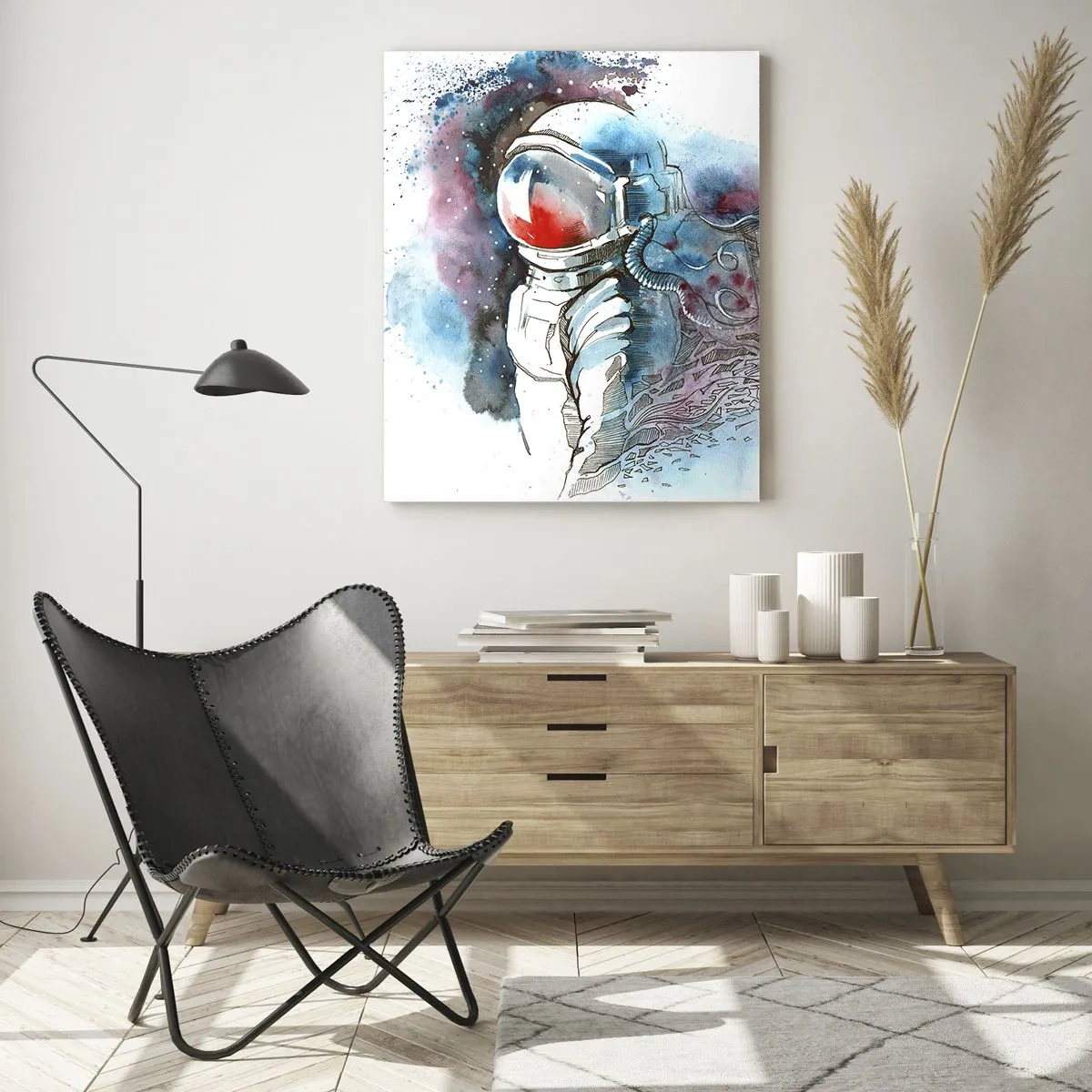 Impression sur verre - Image sur verre - Un cosmonaute dans une aquarelle dynamique avec des détails cosmiques - 80x120cm - Seul avec l'espace - Décoration murale moderne pour le salon et la chambre ARTTOR
