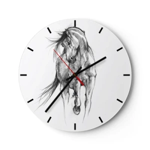 Horloge murale - Pendule murale - Un croquis au crayon d'un cheval au galop sur fond blanc. - 30x30cm - D'un trot gracieux - Décoration murale moderne pour le salon, la cuisine et la chambre ARTTOR