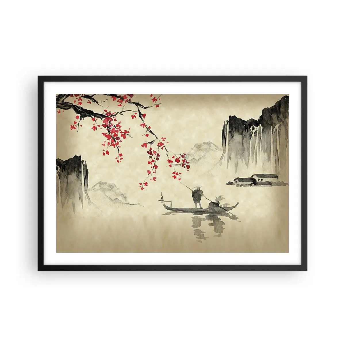 Affiche dans un cadre noir - Poster - Illustration orientale avec un bateau et une branche fleurie - 70x50cm - Au pays des cerisiers en fleurs - Décoration murale moderne pour le salon et la chambre ARTTOR
