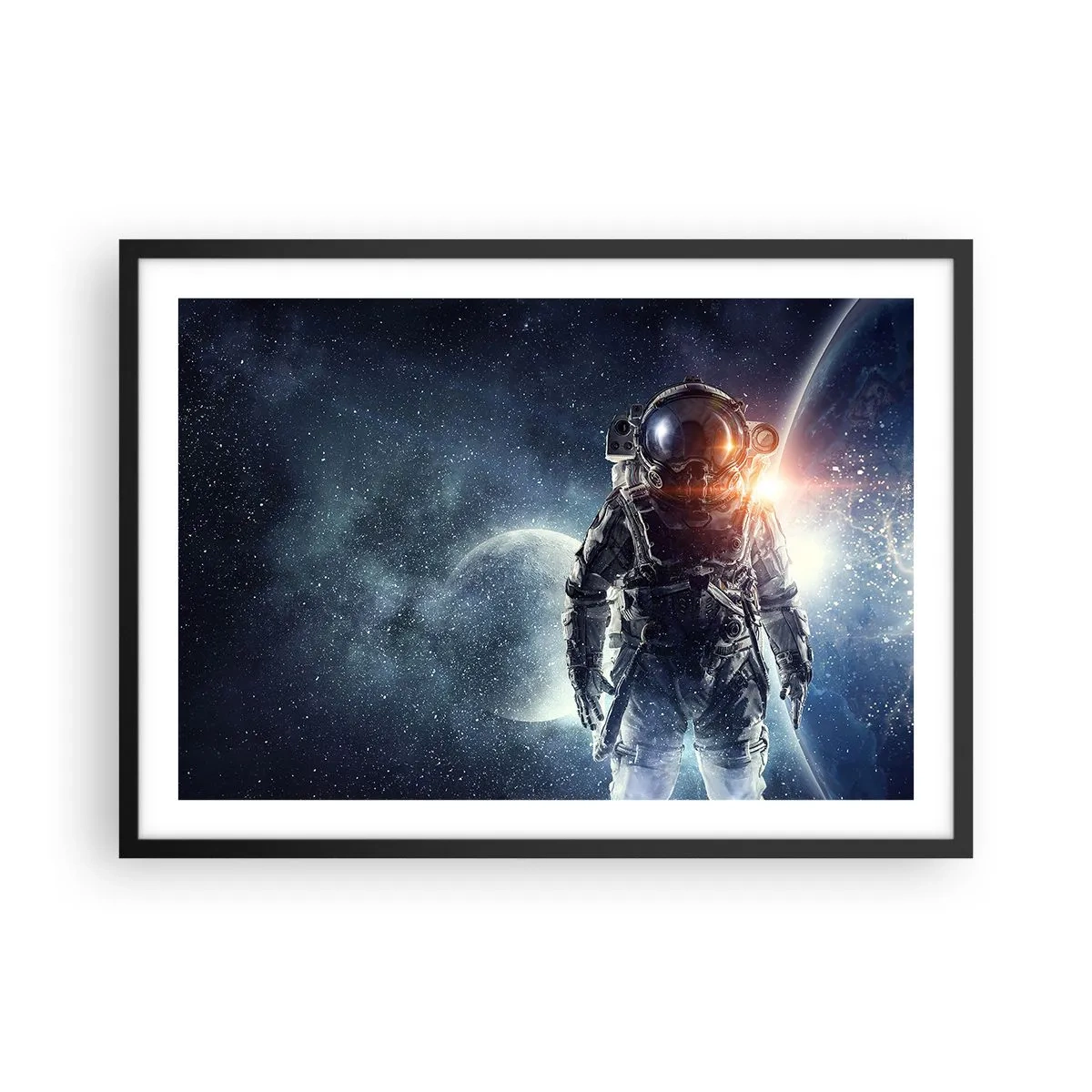 Affiche dans un cadre noir - Poster - Astronaute avec en arrière-plan l'espace et la planète Terre - 70x50cm - Aventure spatiale - Décoration murale moderne pour le salon et la chambre ARTTOR