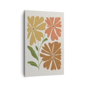 Impression sur toile - Image sur toile - Trois fleurs aux couleurs chaudes sur un fond clair - 80x120cm - Nature et géométrie - Décoration murale moderne pour le salon et la chambre ARTTOR