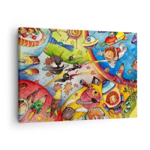 Impression sur toile - Image sur toile - Une scène spatiale colorée pleine d'enfants et de vaisseaux spatiaux - 70x50cm - Grande aventure spatiale - Décoration murale moderne pour le salon et la chambre ARTTOR