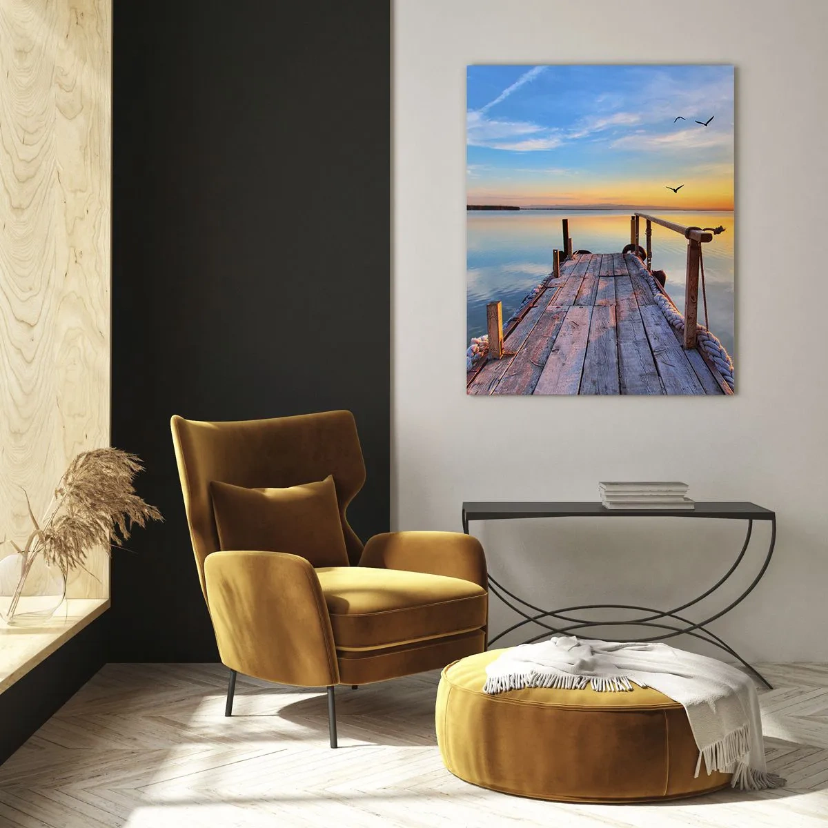 Impression sur verre - Image sur verre - Jetée en bois au coucher du soleil sur un lac calme - 70x100cm - Marcher droit vers le soleil - Décoration murale moderne pour le salon et la chambre ARTTOR