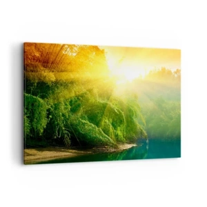 Impression sur toile - Image sur toile - Une forêt verte au bord de la rivière, illuminée par les rayons du soleil levant - 120x80cm - Se noyer au soleil et à l'ombre - Décoration murale moderne pour le salon et la chambre ARTTOR