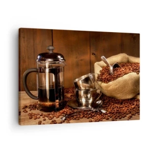 Impression sur toile - Image sur toile - Presse française, tasses et un sac de café sur un fond en bois - 70x50cm - Le charme du café - arôme et goût - Décoration murale moderne pour le salon et la chambre ARTTOR