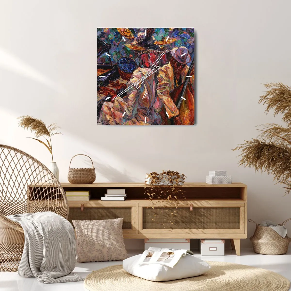 Horloge murale - Pendule murale - Scène de jazz énergique avec musiciens et instruments - 30x30cm - Dans le même tempo - Décoration murale moderne pour le salon et la chambre ARTTOR