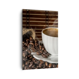 Impression sur toile - Image sur toile - Une tasse de café avec des grains sur un fond de bambou - 80x120cm - La noirceur du charbon, la clarté de l'ambre - Décoration murale moderne pour le salon et la chambre ARTTOR