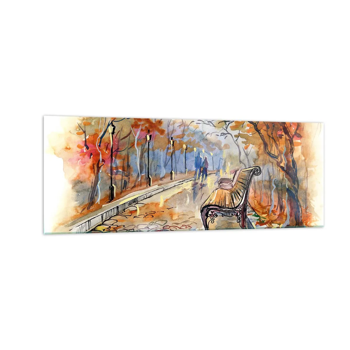 Impression sur verre - Image sur verre - Un parc d'automne avec un banc à l'aquarelle - 140x50cm - Errer ensemble à l'automne - Décoration murale moderne pour le salon et la chambre ARTTOR