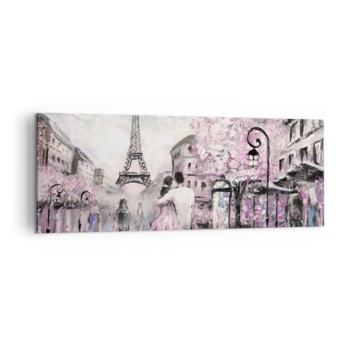 Impression sur toile - Image sur toile - Une promenade romantique à Paris près de la Tour Eiffel - 140x50cm - Comment tomber amoureu, il faut juste... - Décoration murale moderne pour le salon et la chambre ARTTOR