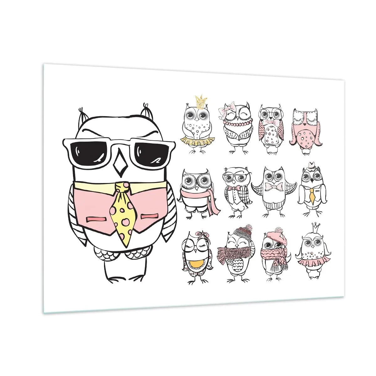 Impression sur verre - Image sur verre - Dessins amusants de hiboux dans différents styles - 100x70cm - Tant de rôles à jouer - Décoration murale moderne pour le salon et la chambre ARTTOR