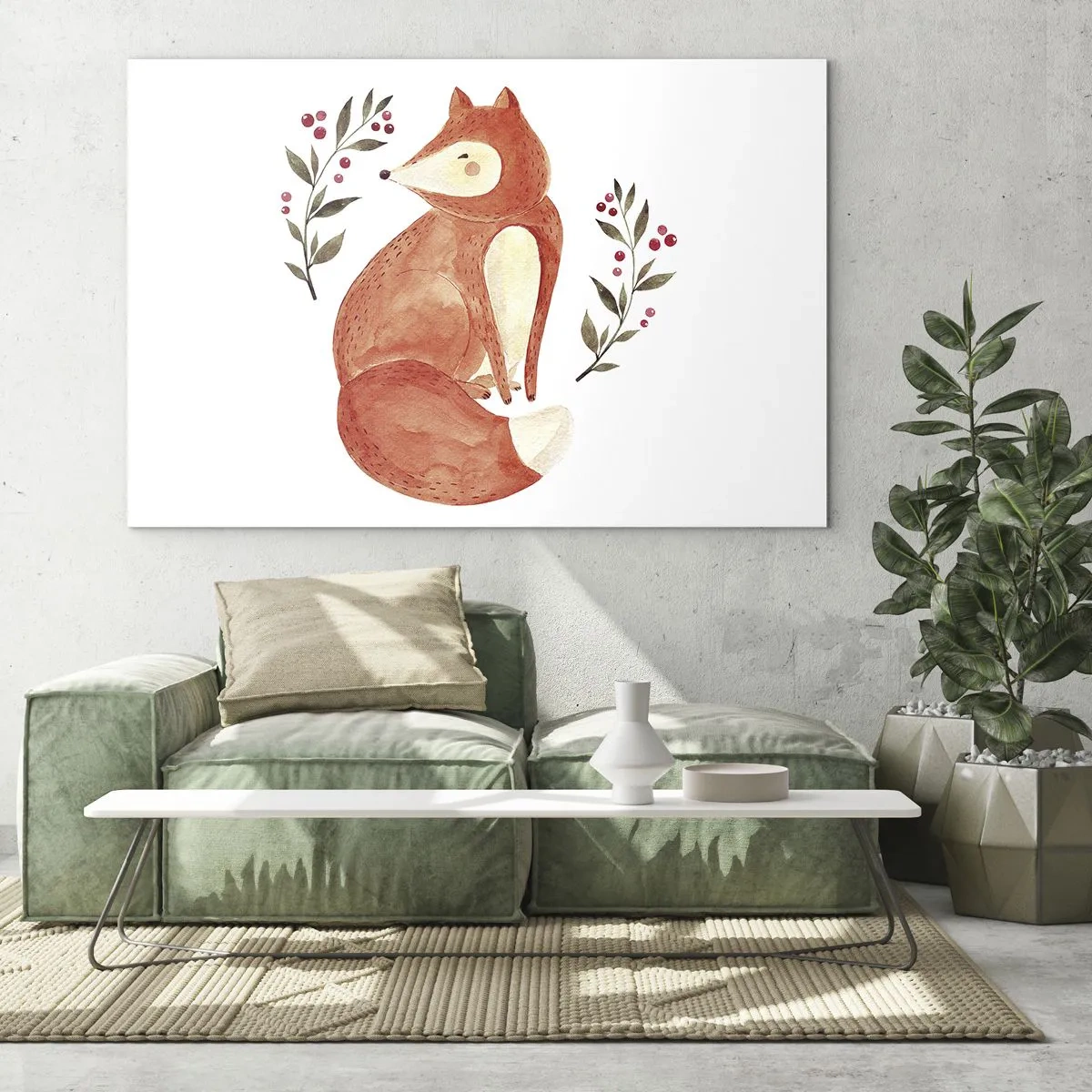 Impression sur verre - Image sur verre - Adorable renard aquarelle avec des brindilles et des baies - 70x50cm - Petit rouquin - Décoration murale moderne pour le salon et la chambre ARTTOR