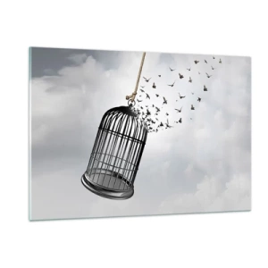 Impression sur verre - Image sur verre - L'ouverture de la cage et les oiseaux qui s'envolent dans le ciel - 120x80cm - Foie...Espoir...Liberté! - Décoration murale moderne pour le salon et la chambre ARTTOR