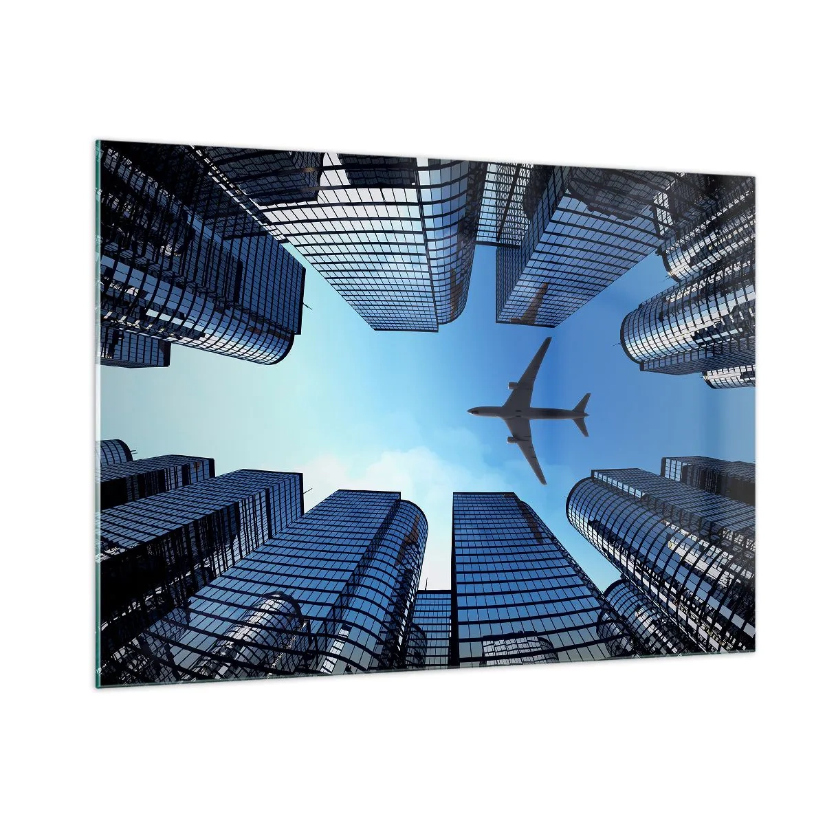 Impression sur verre - Image sur verre - Vue de l'avion entre les gratte-ciels - 100x70cm - La vue depuis le ravin de verre - Décoration murale moderne pour le salon et la chambre ARTTOR