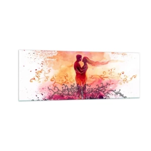 Impression sur verre - Image sur verre - Un couple s'embrassant sur un motif abstrait rose et orange - 140x50cm - Un coeur! Je n'ai pas besoin de beaucoup… - Décoration murale moderne pour le salon et la chambre ARTTOR